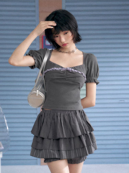 Square Neck Lace Bubble Sleeve Top【s0000013370】
