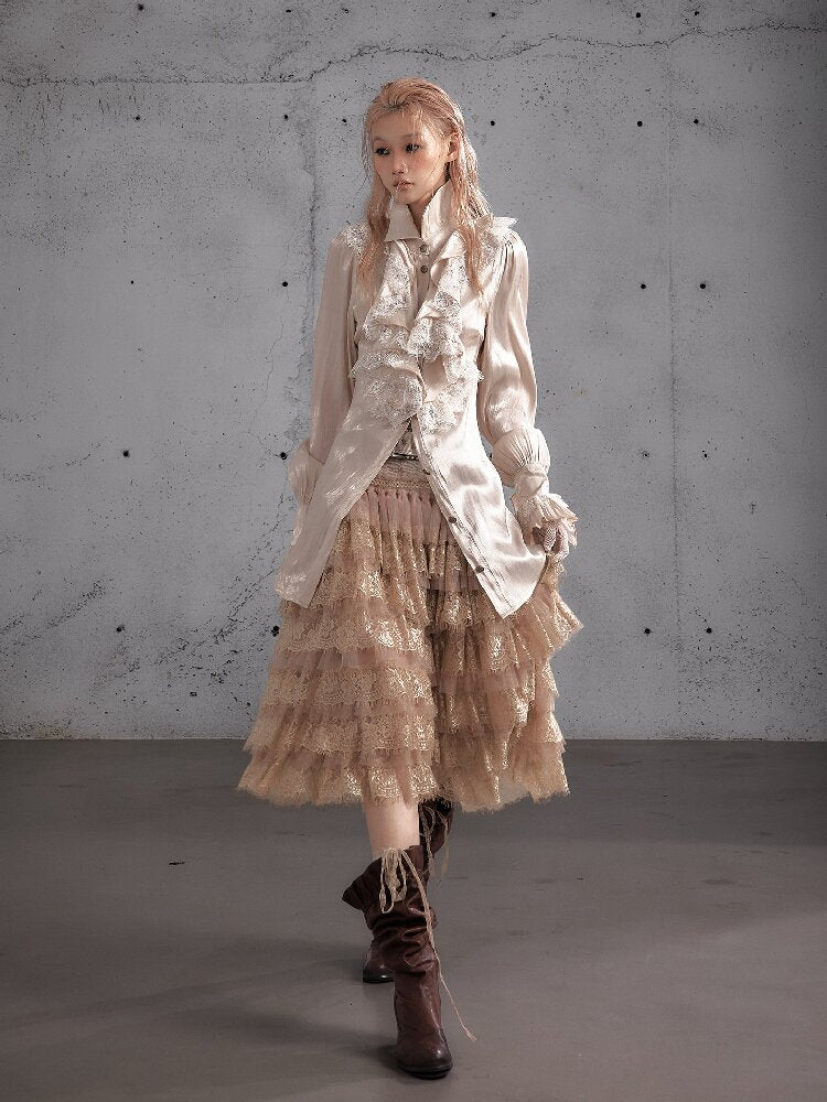 Ruffled Lace Satin Silk Shirt【s0000019157】