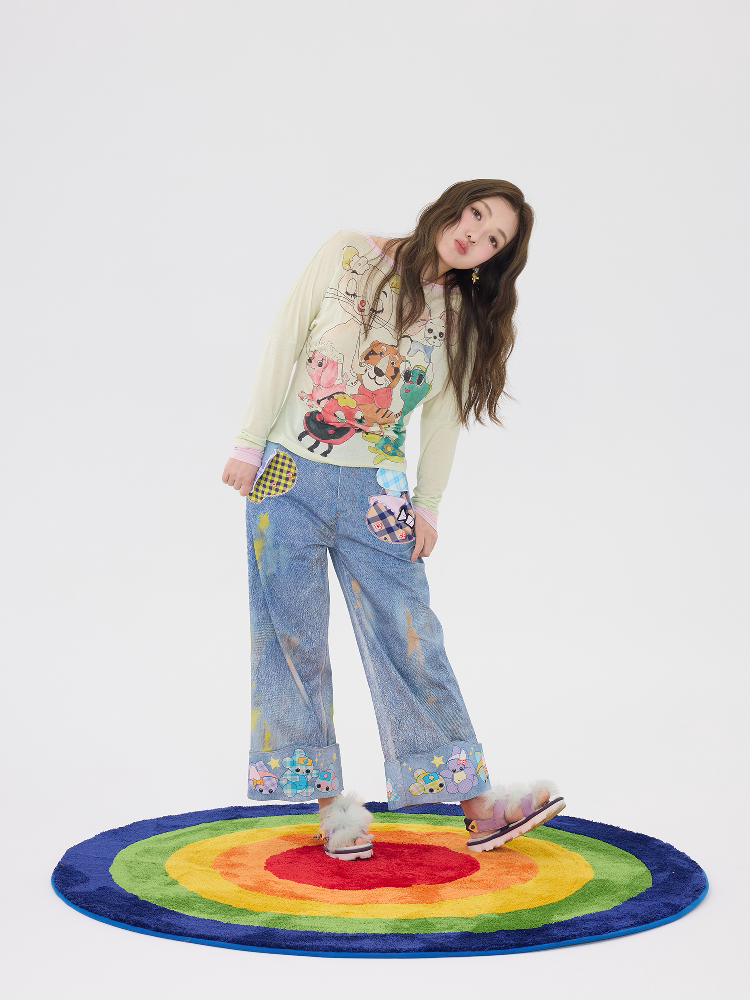 Hand Painted Patchwork Cotton Jeans【s0000016189】