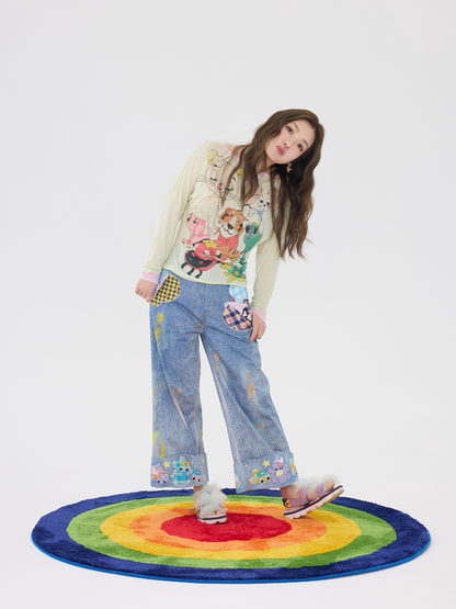 Hand Painted Patchwork Cotton Jeans【s0000016189】