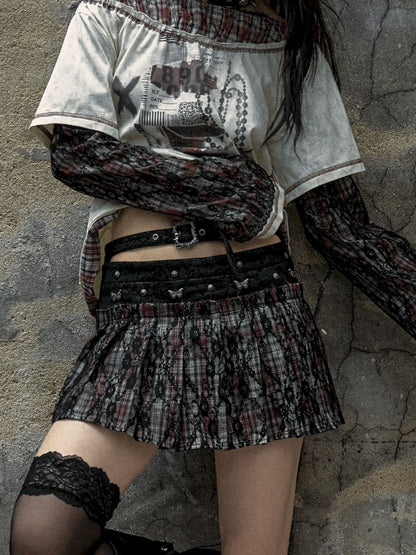 Lace Splicing Plaid Pleated Skirt【s0000009749】