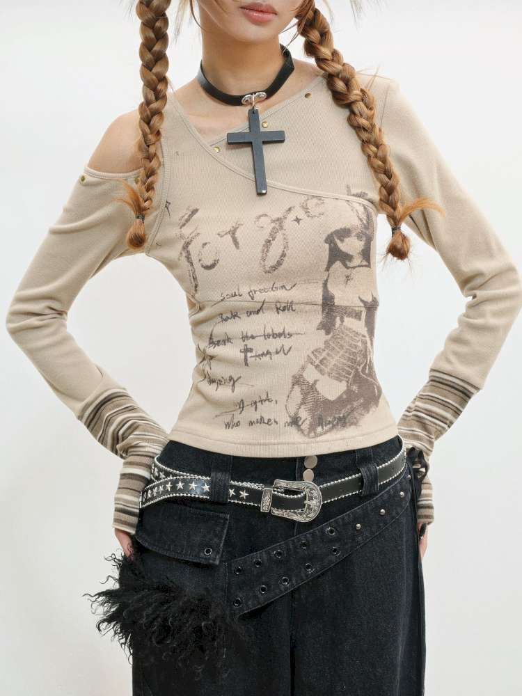 Slim Hot Girl Off-Shoulder Patchwork Shirt【s0000014830】