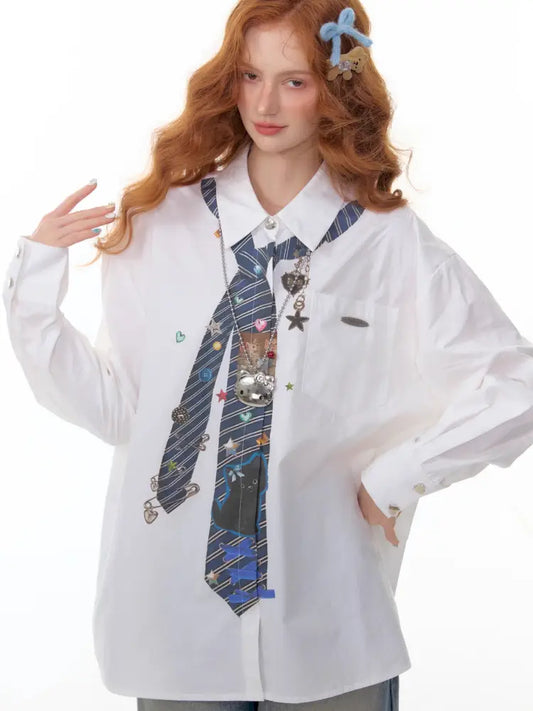 Loose tie print white long sleeve shirt【s0000014350】