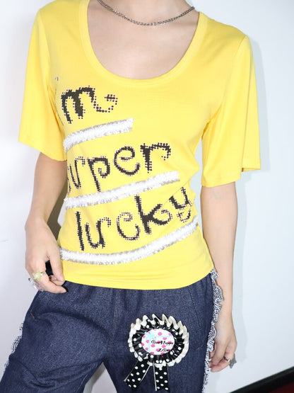 Lucky Slogan Lace Print U-Neck Top【s0000018686】