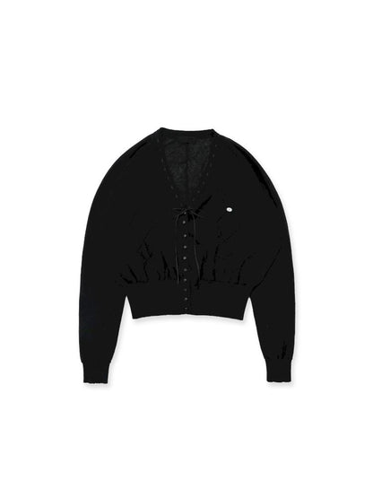 Ribbon large v-neck knitted cardigan【s0000012493】