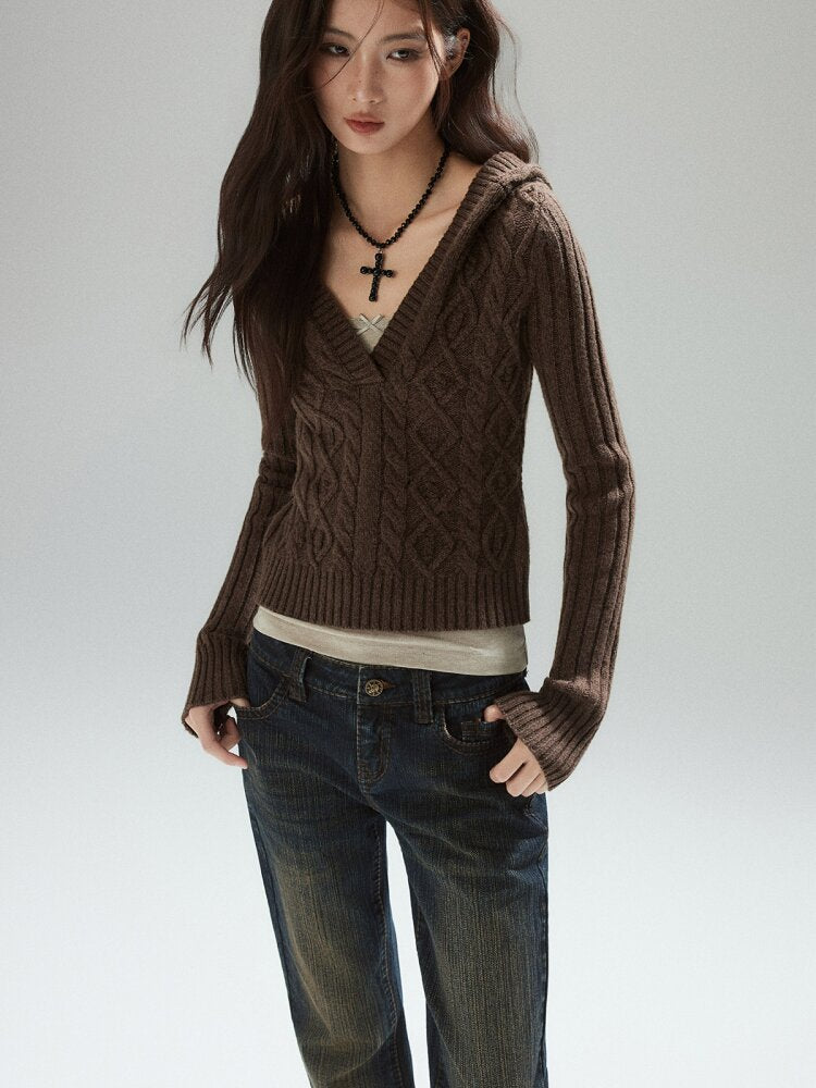 Coffee V-Neck Cropped Wool Sweater【s0000015597】