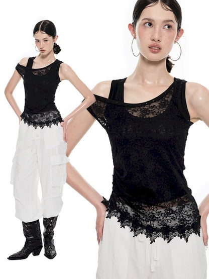 Slant Shoulder Asymmetric Lace See Through Overlay Vest【s0000009708】