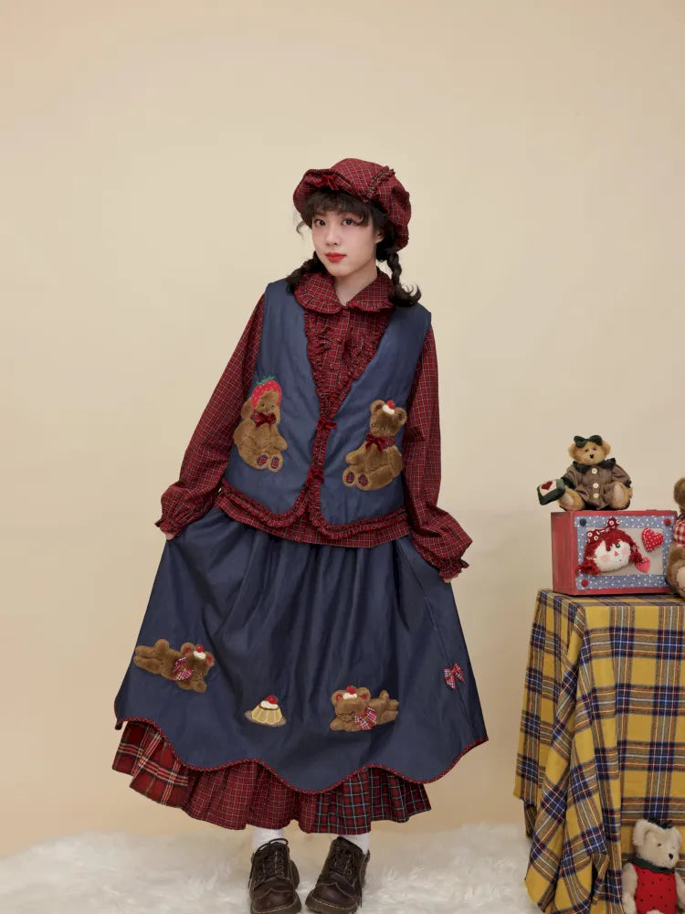 Teddy bear embroidered denim skirt【s0000014176】