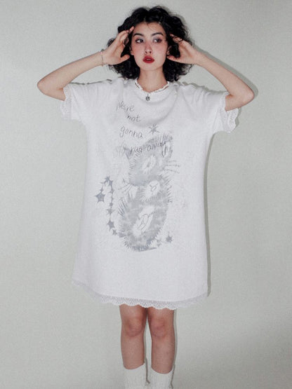 Lace Splicing Printed T-Shirt Dress [S0000008821]