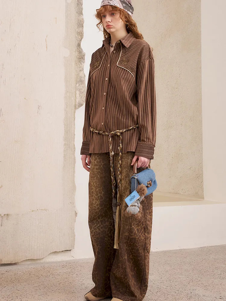 Velvet Beaded Contrast-Striped Vintage Shirt【s0000014079】