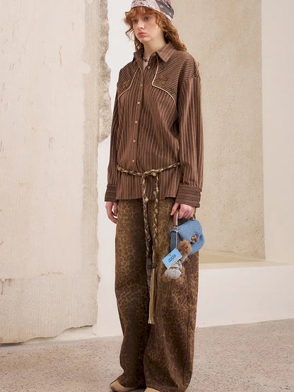 Velvet Beaded Contrast-Striped Vintage Shirt【s0000014079】