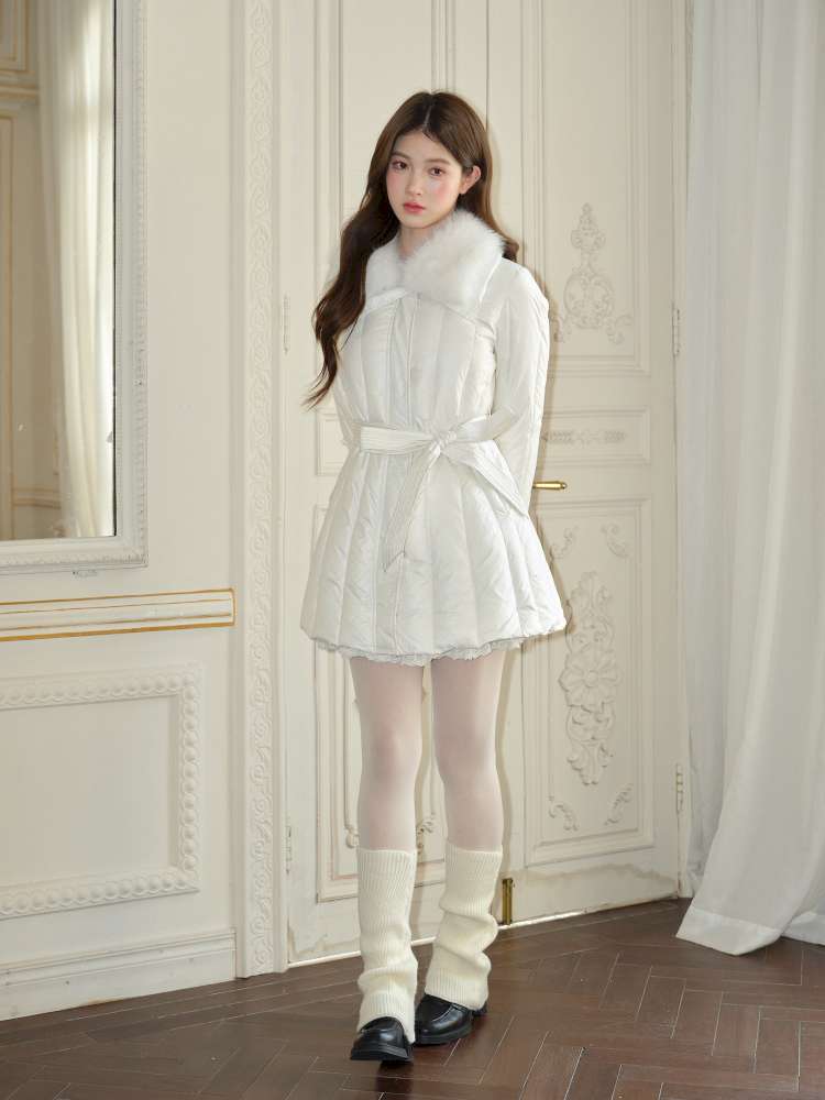 White Panelled Fur Rib Down Jacket【s0000015045】