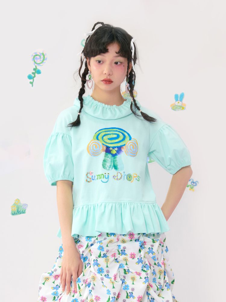 Bubble Sleeve Short Colourful Printed T-Shirt【s0000009542】