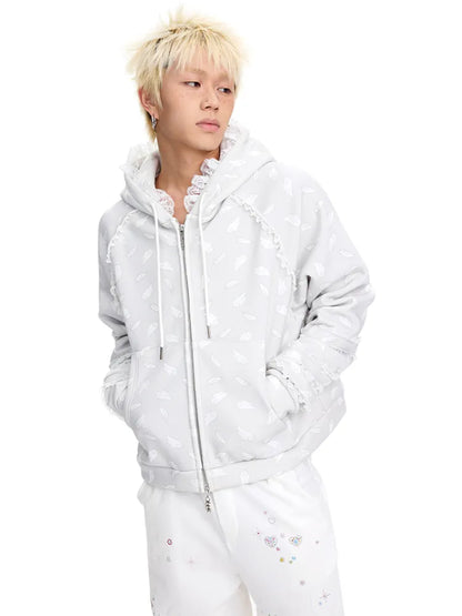 Wing Feather Print Lace-Trim Hoodie【s0000014096】