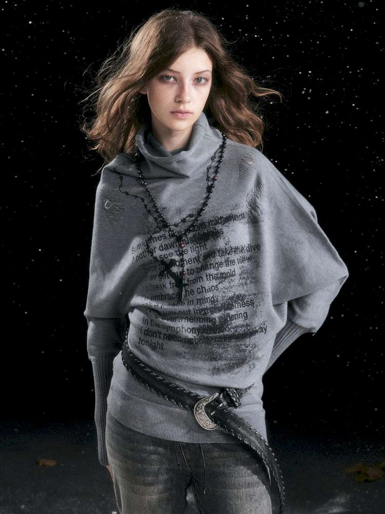 Graffiti Bat Sleeve Pleated Sweater【s0000014669】