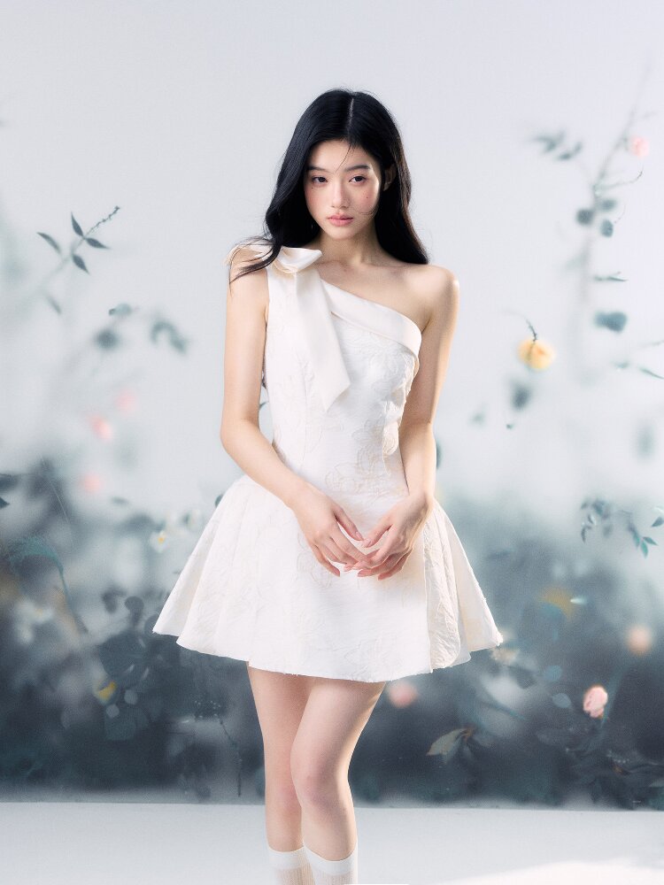 Flower Texture Bow Mini Dress【s0000015916】