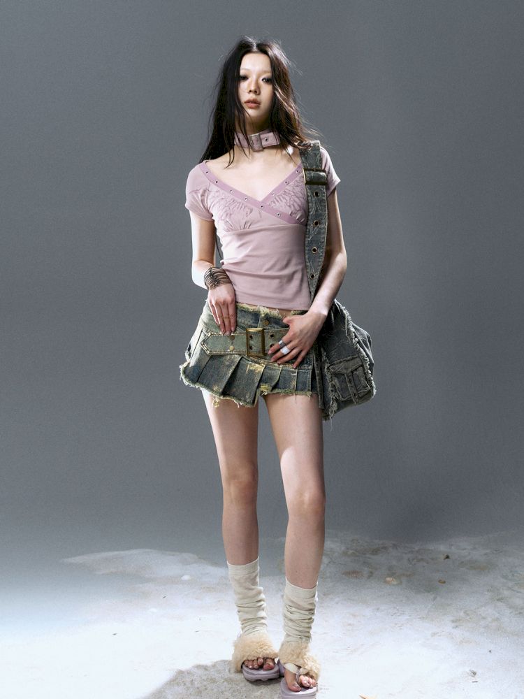 Denim pleated skirt pants【s0000012806】