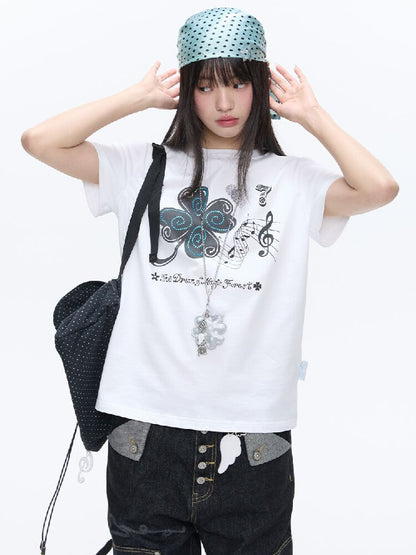 White Melody Shoulder Sleeve T-Shirt【s0000016381】