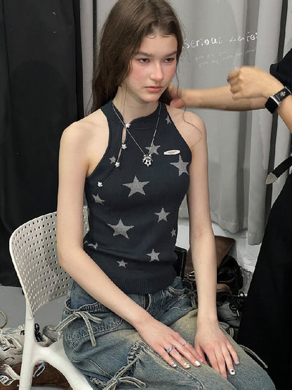Summer Lazy Star Print Halter Knit Tank Top【s0000017254】