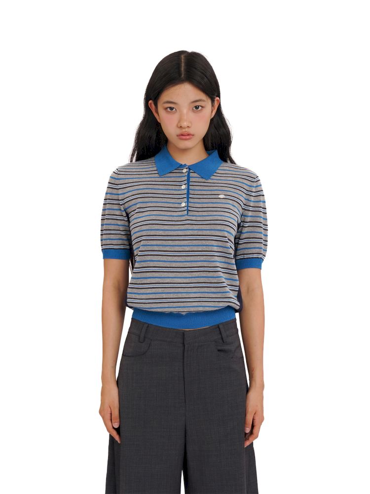 Stripes polo collar short sleeve knit tops【s0000013436】