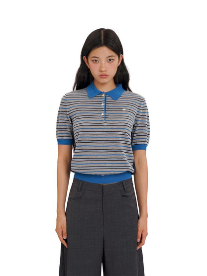Stripes polo collar short sleeve knit tops【s0000013436】