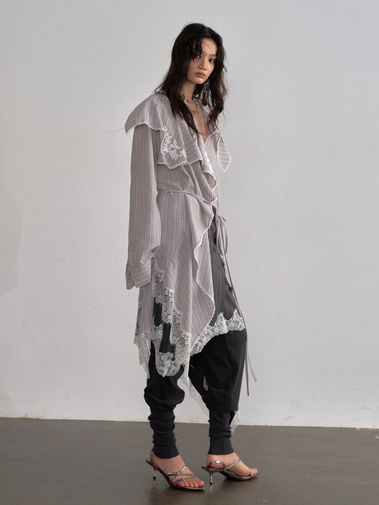 Lace Applique Ruffled Striped Shirt【s0000015700】