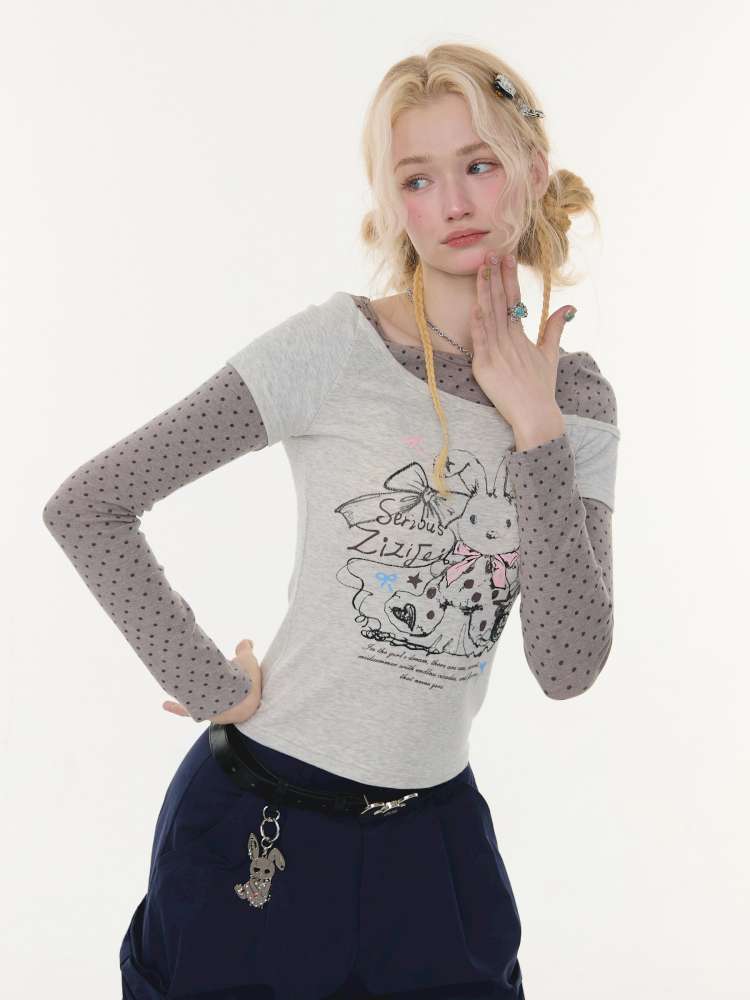 Rabbit Print Polka Dot Top【s0000015437】