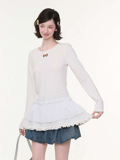 Lace Pleated Polka Dot Top【s0000015429】