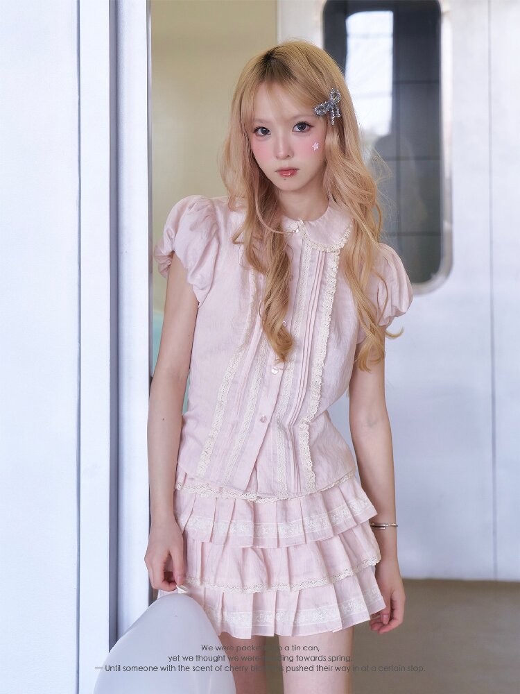 Peach Puff Sleeve Lace Collar Set【s0000016360】