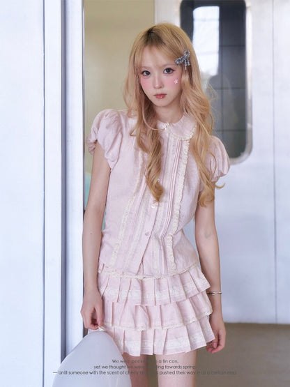 Peach Puff Sleeve Lace Collar Set【s0000016360】