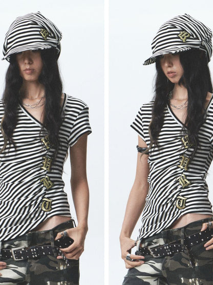 Asymmetric embroidered short-sleeved T-shirt【s0000012686】