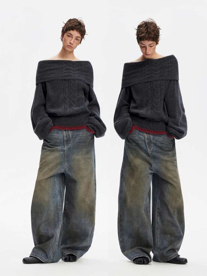 Vintage Yellow Mud Distressed Wide-Leg Jeans【s0000014873】