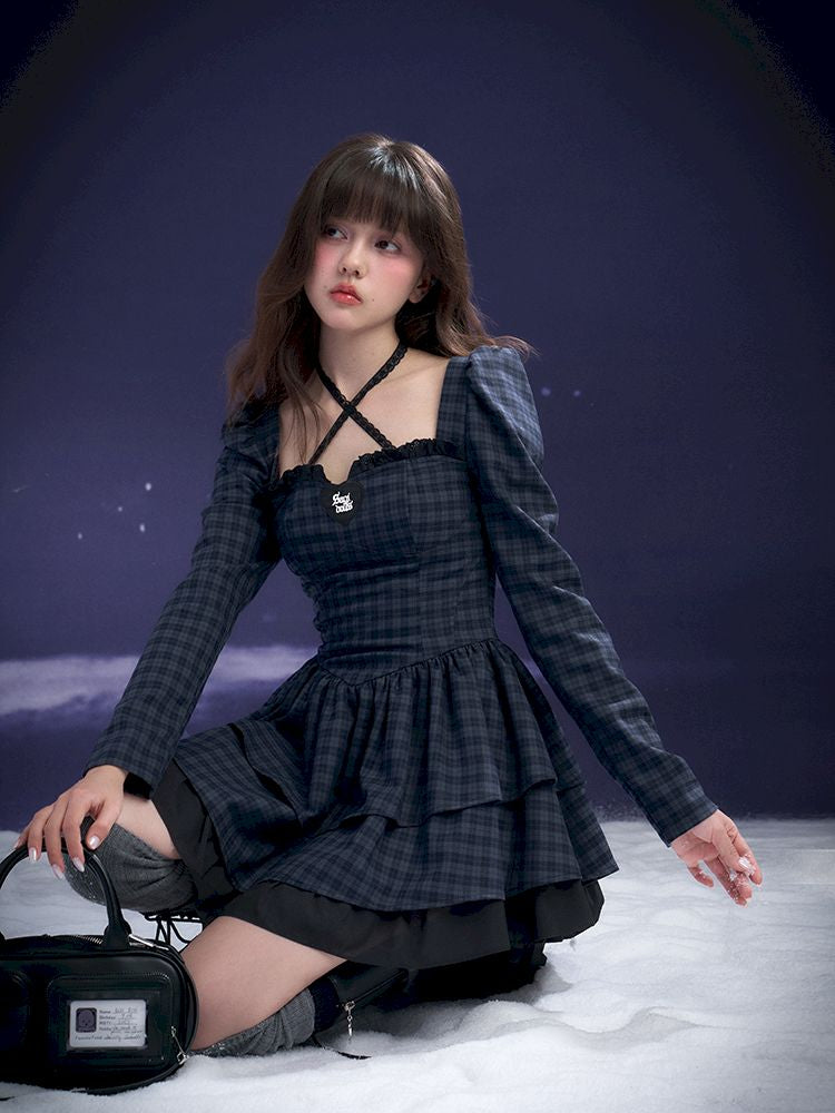 Check Neck Cake Dress【s0000011659】