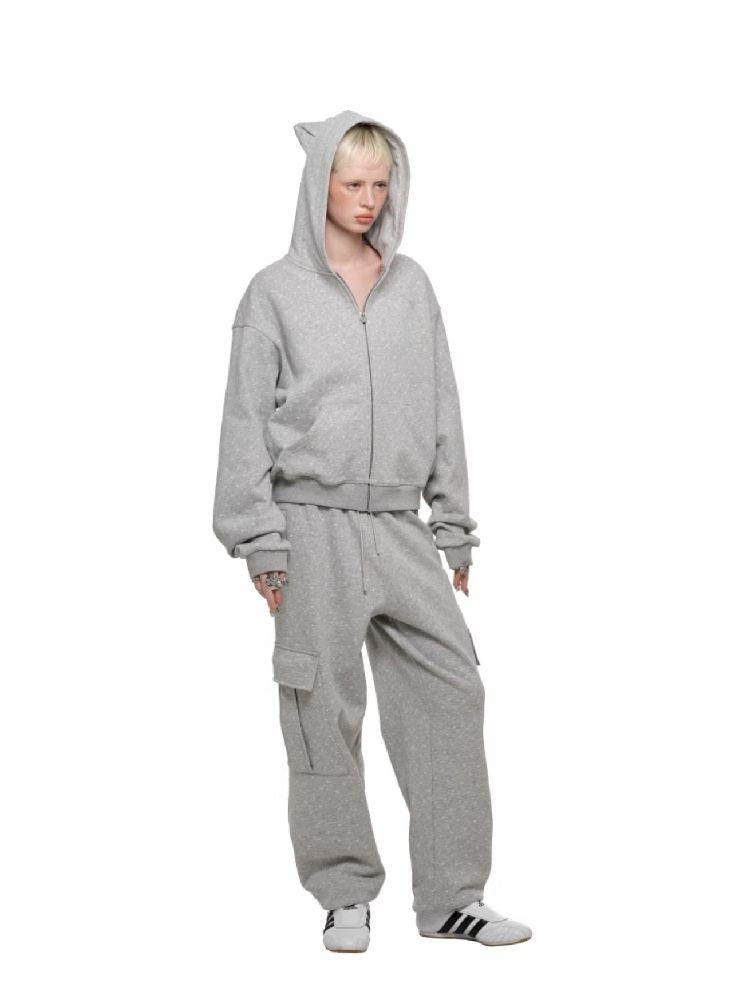 Cat's Paw Long Short Polka Dot Hooded Cardigan Sweatshirt Sweatpants Set【s0000011566】