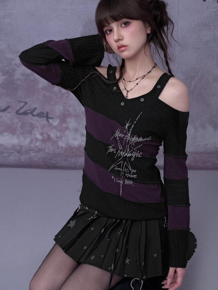 Stripe Contrast Knit V-Neck Top【s0000015759】
