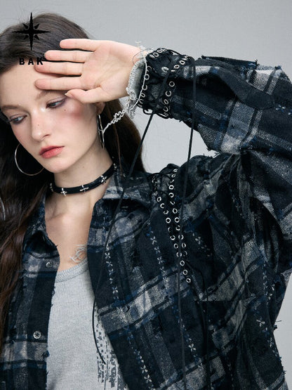 Plaid Strap Torn Long-Sleeved Shirt【s0000016258】