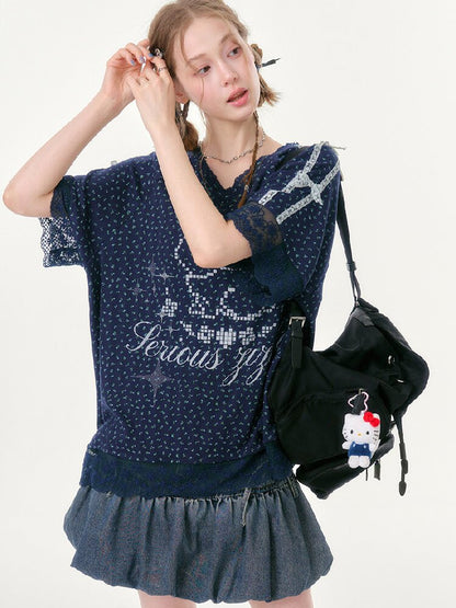 Dark Blue Rabbit Floral Lace T-Shirt【s0000016602】
