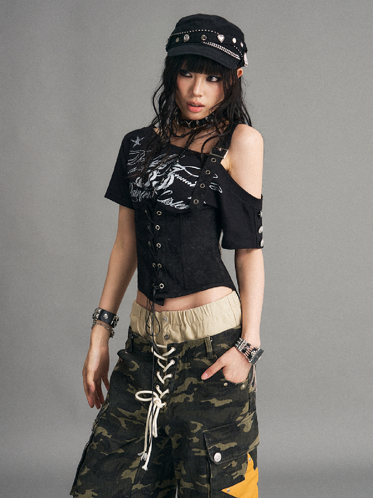 Graffiti Patchwork Strap T-Shirt【s0000017769】