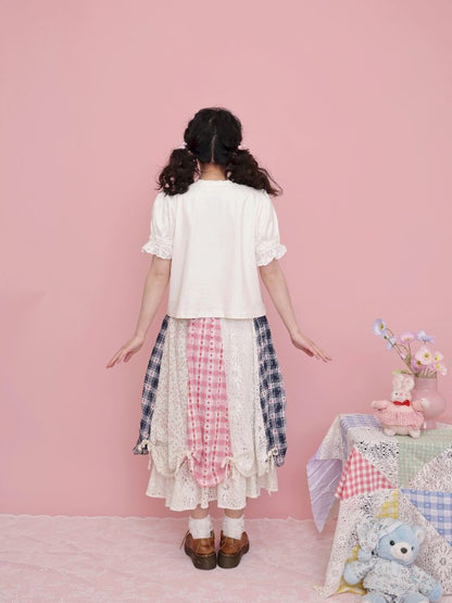 Lace Ribbon Bubble Sleeve T-Shirt【s0000012014】