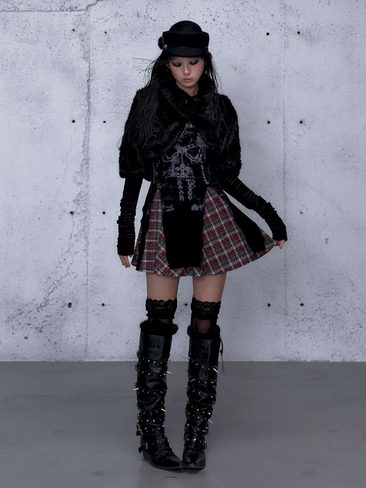 Vintage Baroque Velvet Check Dress【s0000014935】