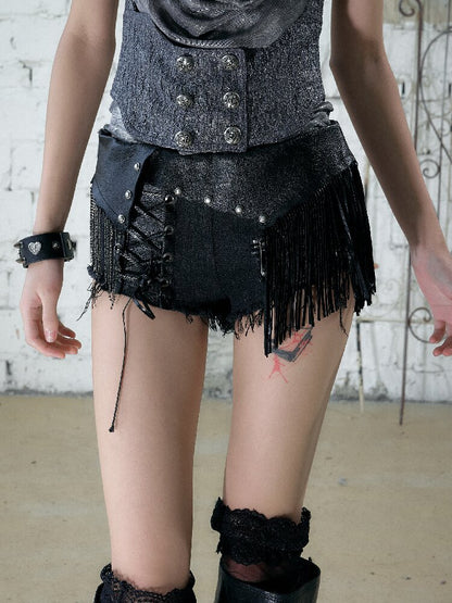 Chain Fringe Patchwork Denim Shorts【s0000016980】