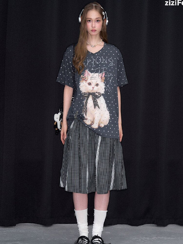 Loose Polka Dot Cat Print T-Shirt【s0000016856】