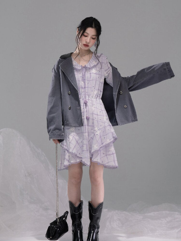 Purple Butterfly Print Ruffled Dress【s0000015739】