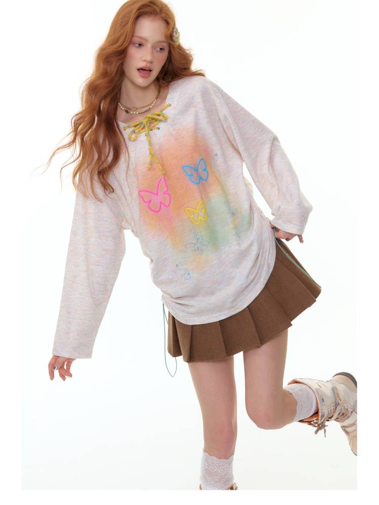 Butterfly Print V-Neck Strap Long Sleeve T-Shirt【s0000014360】