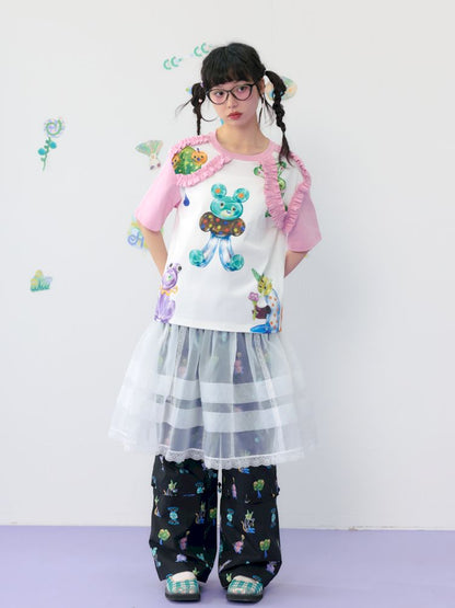 Candy print frilly lace cotton T-shirt【s0000009539】