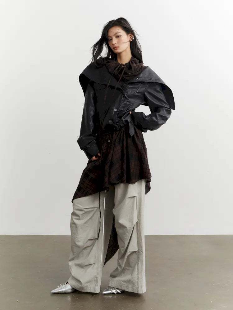 Plaid Apron Spliced Faux Leather PU Jacket【s0000014037】