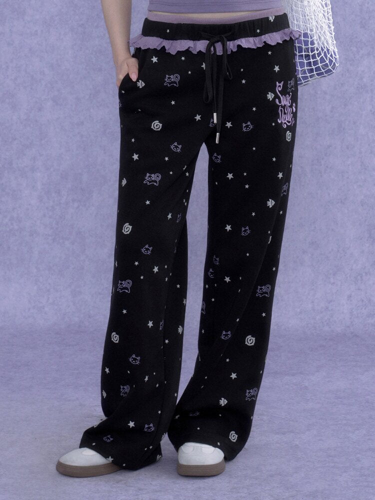 Black Purple Lace Print Trousers【s0000016649】