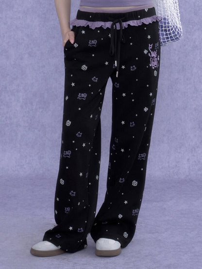 Black Purple Lace Print Trousers【s0000016649】