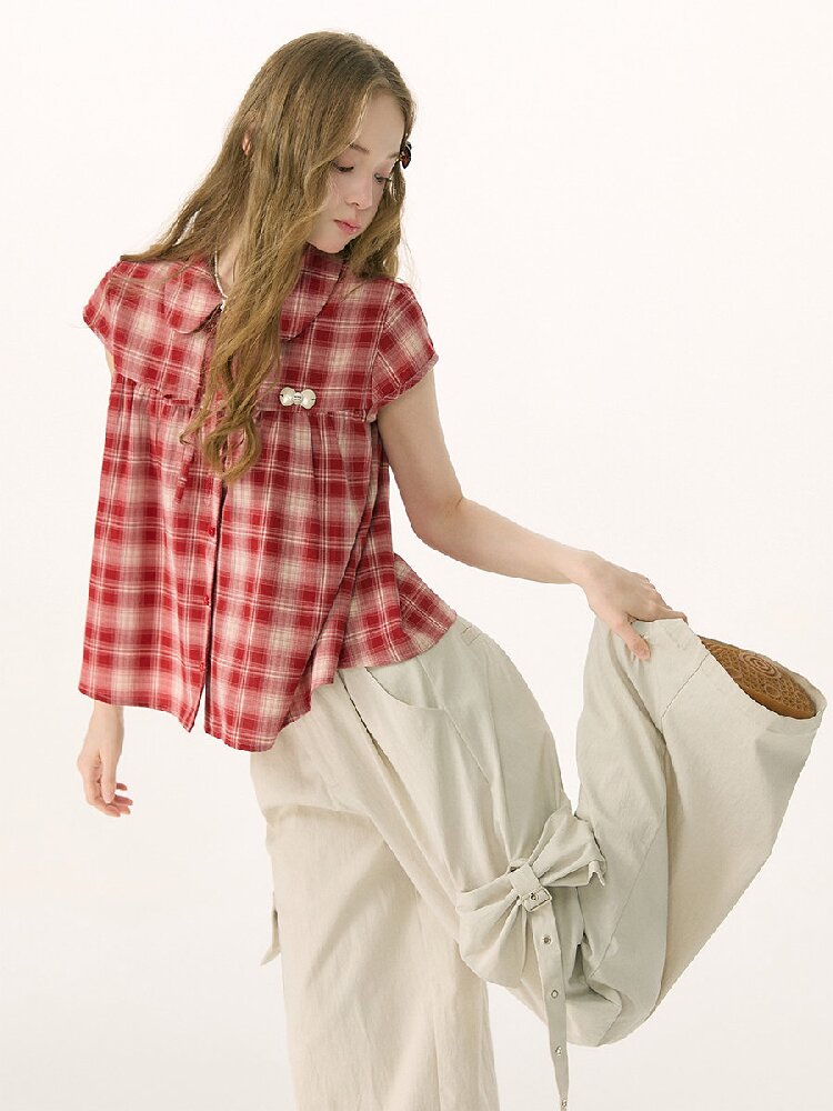 Doll Neck Bow Plaid Preppy Shirt【s0000016850】