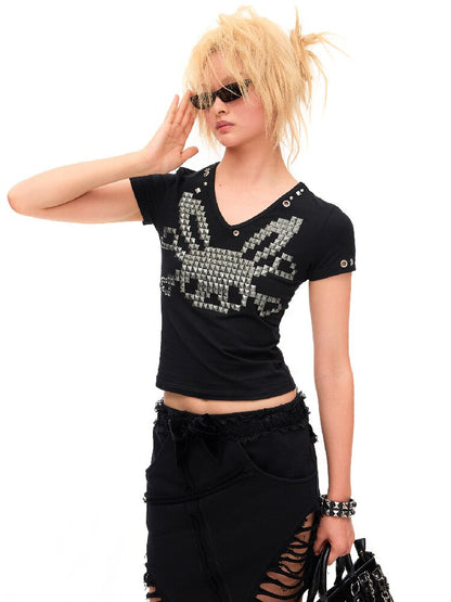 Studded Rabbit Skull Short T-shirt【s0000016936】